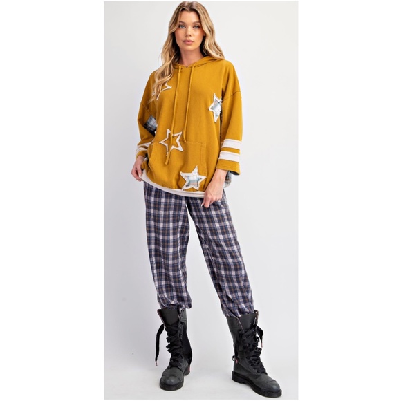 Easel Star Patch Plaid Cotton 3/4 Sleeve Hoodie Shirtshirt Top - Picture 2 of 5